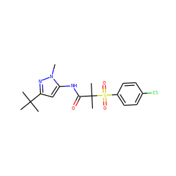 Cn1nc(C(C)(C)C)cc1NC(=O)C(C)(C)S(=O)(=O)c1ccc(Cl)cc1 ZINC000040395804