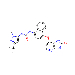 Cn1nc(C(C)(C)C)cc1NC(=O)Nc1ccc(Oc2ccnc3[nH]c(=O)[nH]c23)c2ccccc12 ZINC000049071708