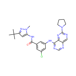 Cn1nc(C(C)(C)C)cc1NC(=O)c1cc(Cl)cc(Nc2ncnc3cnc(N4CCCC4)nc23)c1 ZINC000148267826