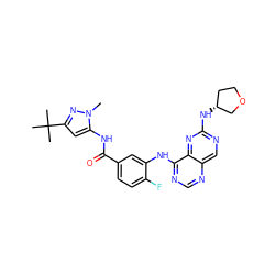 Cn1nc(C(C)(C)C)cc1NC(=O)c1ccc(F)c(Nc2ncnc3cnc(N[C@@H]4CCOC4)nc23)c1 ZINC000148272601