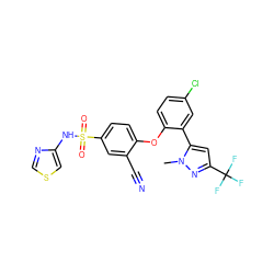Cn1nc(C(F)(F)F)cc1-c1cc(Cl)ccc1Oc1ccc(S(=O)(=O)Nc2cscn2)cc1C#N ZINC000095585529