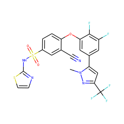 Cn1nc(C(F)(F)F)cc1-c1cc(F)c(F)c(Oc2ccc(S(=O)(=O)Nc3nccs3)cc2C#N)c1 ZINC000095582349