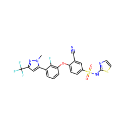 Cn1nc(C(F)(F)F)cc1-c1cccc(Oc2ccc(S(=O)(=O)Nc3nccs3)cc2C#N)c1F ZINC000095584511