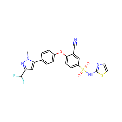 Cn1nc(C(F)F)cc1-c1ccc(Oc2ccc(S(=O)(=O)Nc3nccs3)cc2C#N)cc1 ZINC000095584858