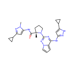 Cn1nc(C2CC2)cc1NC(=O)[C@]1(C)CCCN1c1nc(Nc2cc(C3CC3)[nH]n2)c2cccn2n1 ZINC000143314801