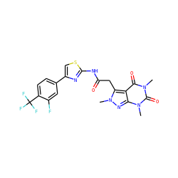 Cn1nc2c(c1CC(=O)Nc1nc(-c3ccc(C(F)(F)F)c(F)c3)cs1)c(=O)n(C)c(=O)n2C ZINC000068246492