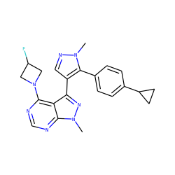 Cn1ncc(-c2nn(C)c3ncnc(N4CC(F)C4)c23)c1-c1ccc(C2CC2)cc1 ZINC000169706068