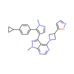 Cn1ncc(-c2nn(C)c3ncnc(N4CC(c5ccno5)C4)c23)c1-c1ccc(C2CC2)cc1 ZINC000169706099
