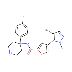 Cn1ncc(Br)c1-c1coc(C(=O)NC2(c3ccc(F)cc3)CCNCC2)c1 ZINC000653872493