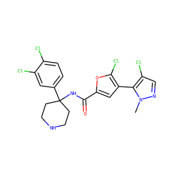 Cn1ncc(Cl)c1-c1cc(C(=O)NC2(c3ccc(Cl)c(Cl)c3)CCNCC2)oc1Cl ZINC000653912900