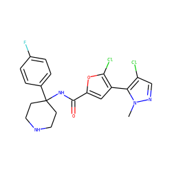 Cn1ncc(Cl)c1-c1cc(C(=O)NC2(c3ccc(F)cc3)CCNCC2)oc1Cl ZINC000653912881
