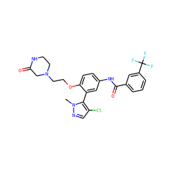 Cn1ncc(Cl)c1-c1cc(NC(=O)c2cccc(C(F)(F)F)c2)ccc1OCCN1CCNC(=O)C1 ZINC000084466267