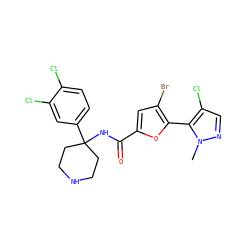 Cn1ncc(Cl)c1-c1oc(C(=O)NC2(c3ccc(Cl)c(Cl)c3)CCNCC2)cc1Br ZINC000653864111