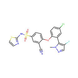 Cn1ncc(F)c1-c1cc(Cl)ccc1Oc1ccc(S(=O)(=O)Nc2nccs2)cc1C#N ZINC000095583930