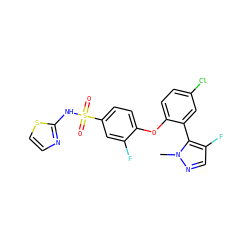 Cn1ncc(F)c1-c1cc(Cl)ccc1Oc1ccc(S(=O)(=O)Nc2nccs2)cc1F ZINC000095581760