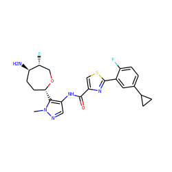 Cn1ncc(NC(=O)c2csc(-c3cc(C4CC4)ccc3F)n2)c1[C@@H]1CC[C@@H](N)[C@H](F)CO1 ZINC000221418576