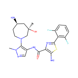 Cn1ncc(NC(=O)c2nc(-c3c(F)cccc3F)sc2N)c1N1CC[C@@H](N)C[C@@](C)(O)C1 ZINC000169699319
