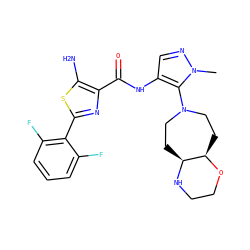 Cn1ncc(NC(=O)c2nc(-c3c(F)cccc3F)sc2N)c1N1CC[C@@H]2NCCO[C@@H]2CC1 ZINC000169699447