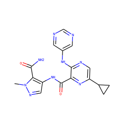 Cn1ncc(NC(=O)c2nc(C3CC3)cnc2Nc2cncnc2)c1C(N)=O ZINC000169701771