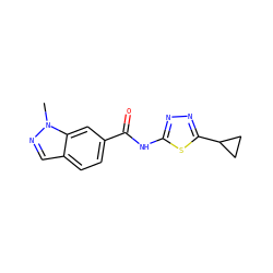 Cn1ncc2ccc(C(=O)Nc3nnc(C4CC4)s3)cc21 ZINC000653851602