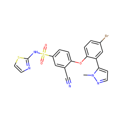 Cn1nccc1-c1cc(Br)ccc1Oc1ccc(S(=O)(=O)Nc2nccs2)cc1C#N ZINC000095583193