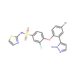 Cn1nccc1-c1cc(Br)ccc1Oc1ccc(S(=O)(=O)Nc2nccs2)cc1F ZINC000095585021