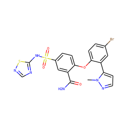 Cn1nccc1-c1cc(Br)ccc1Oc1ccc(S(=O)(=O)Nc2ncns2)cc1C(N)=O ZINC000095584217