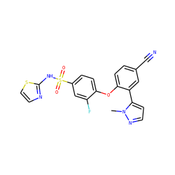 Cn1nccc1-c1cc(C#N)ccc1Oc1ccc(S(=O)(=O)Nc2nccs2)cc1F ZINC000095581526
