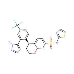 Cn1nccc1-c1cc(C(F)(F)F)ccc1[C@@H]1CCOc2cc(S(=O)(=O)Nc3nccs3)ccc21 ZINC000653743757