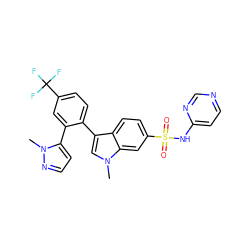 Cn1nccc1-c1cc(C(F)(F)F)ccc1-c1cn(C)c2cc(S(=O)(=O)Nc3ccncn3)ccc12 ZINC000205423845