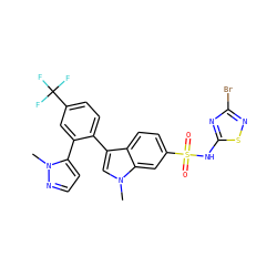 Cn1nccc1-c1cc(C(F)(F)F)ccc1-c1cn(C)c2cc(S(=O)(=O)Nc3nc(Br)ns3)ccc12 ZINC000205545882