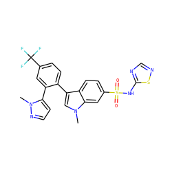 Cn1nccc1-c1cc(C(F)(F)F)ccc1-c1cn(C)c2cc(S(=O)(=O)Nc3ncns3)ccc12 ZINC000096921725