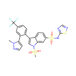 Cn1nccc1-c1cc(C(F)(F)F)ccc1-c1cn(S(C)(=O)=O)c2cc(S(=O)(=O)Nc3ncns3)ccc12 ZINC000205432729