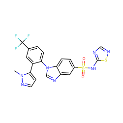 Cn1nccc1-c1cc(C(F)(F)F)ccc1-n1cnc2cc(S(=O)(=O)Nc3ncns3)ccc21 ZINC000205432675