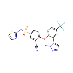 Cn1nccc1-c1cc(C(F)(F)F)ccc1Oc1ccc(S(=O)(=O)Nc2nccs2)cc1C#N ZINC000095584166
