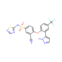 Cn1nccc1-c1cc(C(F)(F)F)ccc1Oc1ccc(S(=O)(=O)Nc2ncns2)cc1C#N ZINC000095585063