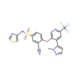 Cn1nccc1-c1cc(C(F)(F)F)ncc1Oc1ccc(S(=O)(=O)Nc2cscn2)cc1C#N ZINC000095581983