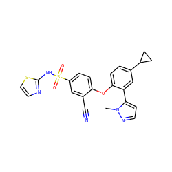 Cn1nccc1-c1cc(C2CC2)ccc1Oc1ccc(S(=O)(=O)Nc2nccs2)cc1C#N ZINC000095583851