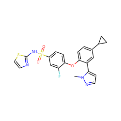 Cn1nccc1-c1cc(C2CC2)ccc1Oc1ccc(S(=O)(=O)Nc2nccs2)cc1F ZINC000095583991