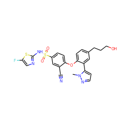 Cn1nccc1-c1cc(CCCO)ccc1Oc1ccc(S(=O)(=O)Nc2ncc(F)s2)cc1C#N ZINC000095582121