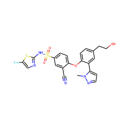 Cn1nccc1-c1cc(CCO)ccc1Oc1ccc(S(=O)(=O)Nc2ncc(F)s2)cc1C#N ZINC000095582231