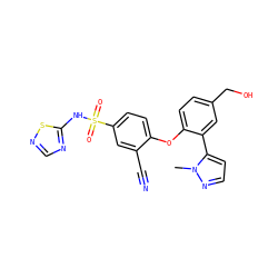 Cn1nccc1-c1cc(CO)ccc1Oc1ccc(S(=O)(=O)Nc2ncns2)cc1C#N ZINC000095580868