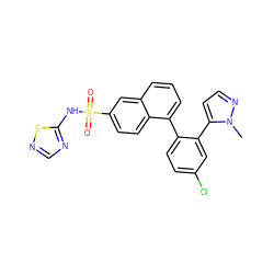 Cn1nccc1-c1cc(Cl)ccc1-c1cccc2cc(S(=O)(=O)Nc3ncns3)ccc12 ZINC000215493360