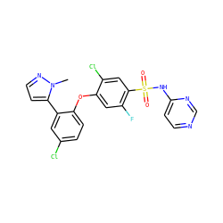Cn1nccc1-c1cc(Cl)ccc1Oc1cc(F)c(S(=O)(=O)Nc2ccncn2)cc1Cl ZINC000095581810