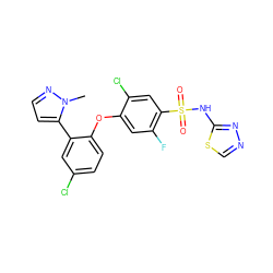 Cn1nccc1-c1cc(Cl)ccc1Oc1cc(F)c(S(=O)(=O)Nc2nncs2)cc1Cl ZINC000095582954