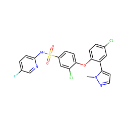 Cn1nccc1-c1cc(Cl)ccc1Oc1ccc(S(=O)(=O)Nc2ccc(F)cn2)cc1Cl ZINC000095584866
