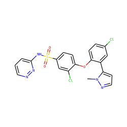 Cn1nccc1-c1cc(Cl)ccc1Oc1ccc(S(=O)(=O)Nc2cccnn2)cc1Cl ZINC000095584927