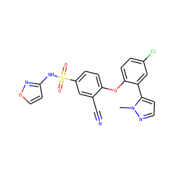 Cn1nccc1-c1cc(Cl)ccc1Oc1ccc(S(=O)(=O)Nc2ccon2)cc1C#N ZINC000095580894