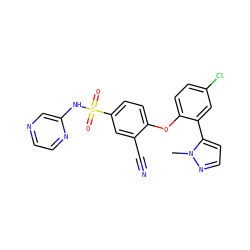 Cn1nccc1-c1cc(Cl)ccc1Oc1ccc(S(=O)(=O)Nc2cnccn2)cc1C#N ZINC000095585189