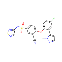 Cn1nccc1-c1cc(Cl)ccc1Oc1ccc(S(=O)(=O)Nc2cnsn2)cc1C#N ZINC000095584931